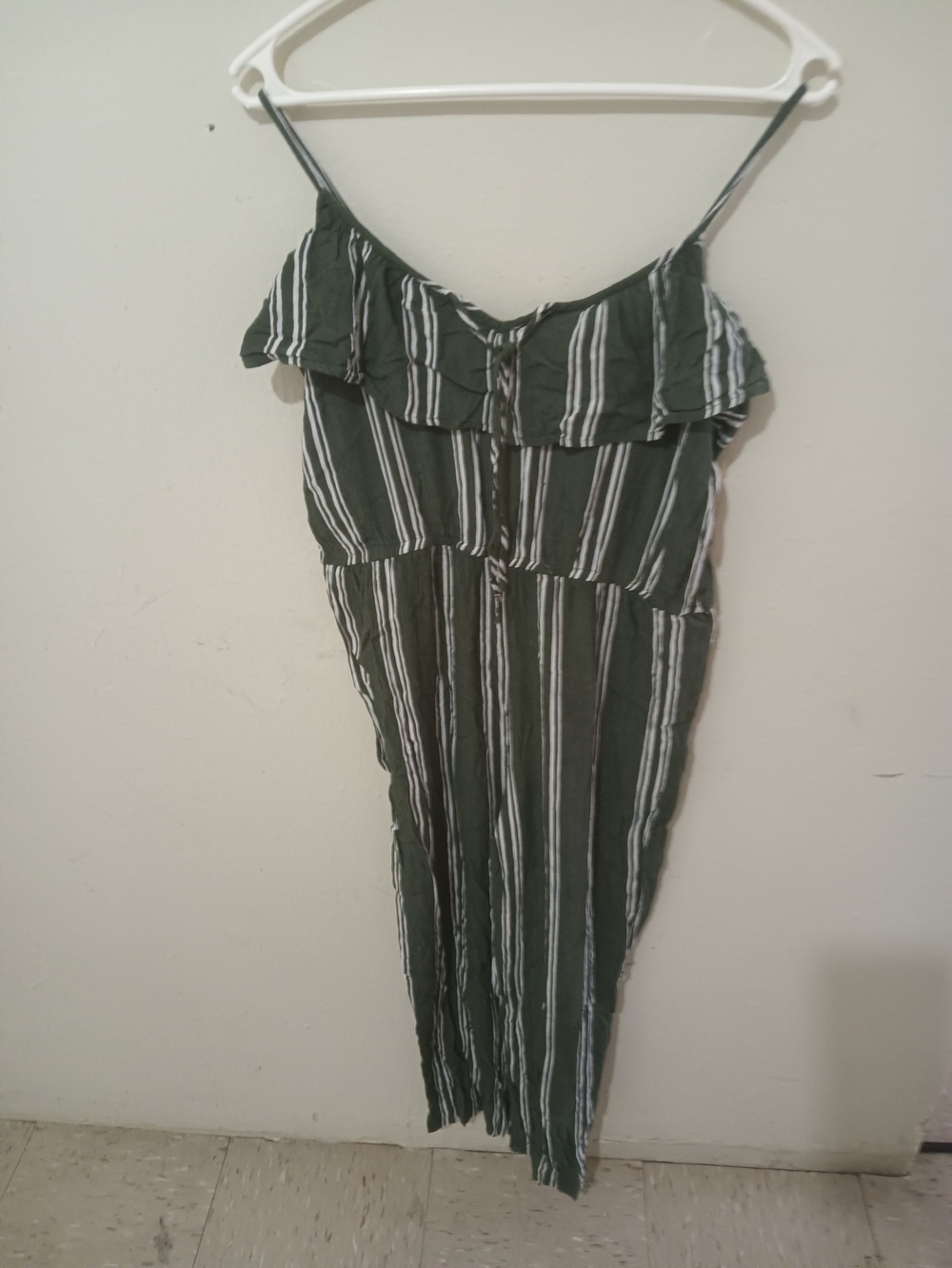 Moral Fiber Dark Green and White Striped Jumpsuit